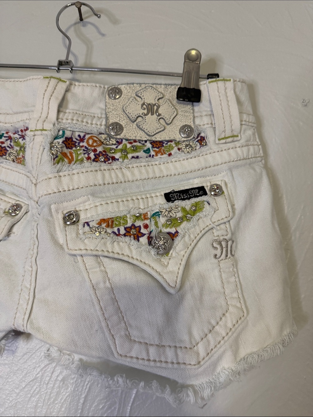 White miss me shorts